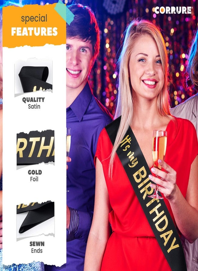 CORRURE 'It's My Birthday' Sash with Gold Foil - Soft Satin Black Birthday Sash for Women - Party Favors Supplies and Decorations for Sweet 16, 18th 21st 30th 40th or Any Happy Bday Party - Image 3