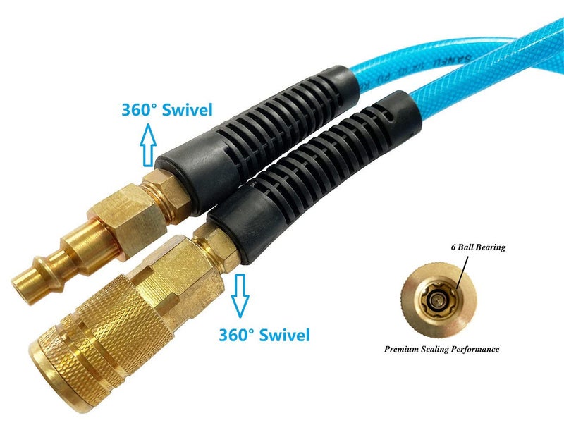 SANFU Polyurethane(PU) Reinforced 1/4”ID(6.3 x 9.8mm) x 100ft, Air Hose With 1/4” Swivel MNPT Solid Brass Quick Coupler and Plug, Transparent Blue(100’) - Image 2