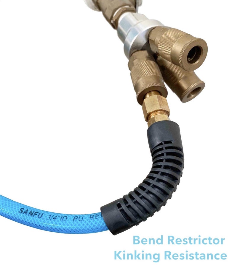 SANFU Polyurethane(PU) Reinforced 1/4”ID(6.3 x 9.8mm) x 100ft, Air Hose With 1/4” Swivel MNPT Solid Brass Quick Coupler and Plug, Transparent Blue(100’) - Image 4