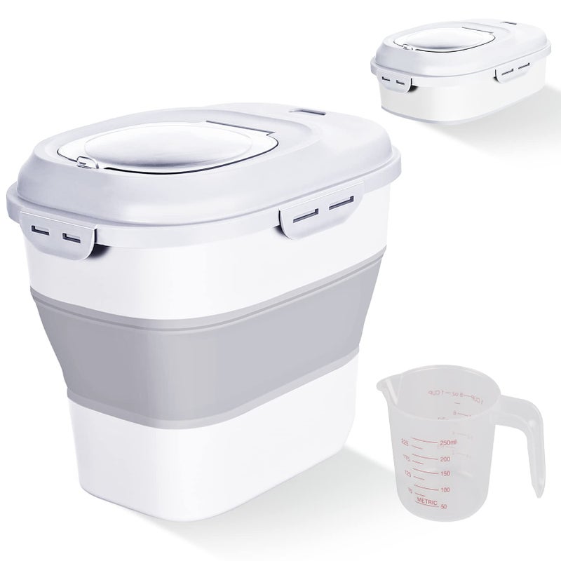 Cereal Rice Food Storage Containers Collapsible 20 to 50 Lbs Dispenser Bin with Rolling Wheel Airtight Locking Lid Dog Pet Cat Flour Sugar Plastic Leakproof Sealable Large Kitchen Pantry Holder