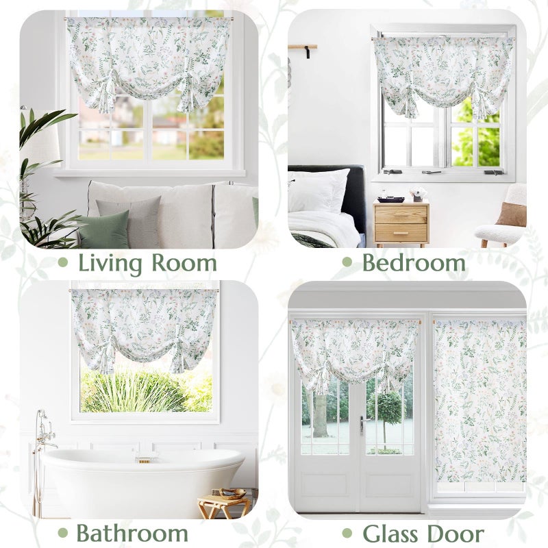 jinchan Floral Tie Up Valance Curtain Adjustable Linen Valance for Windows Farmhouse 45 Inch Botanical Colorful Flower Kitchen Window Treatment for Living Room RV Light Filtering 1 Panel Sage Green - Image 4
