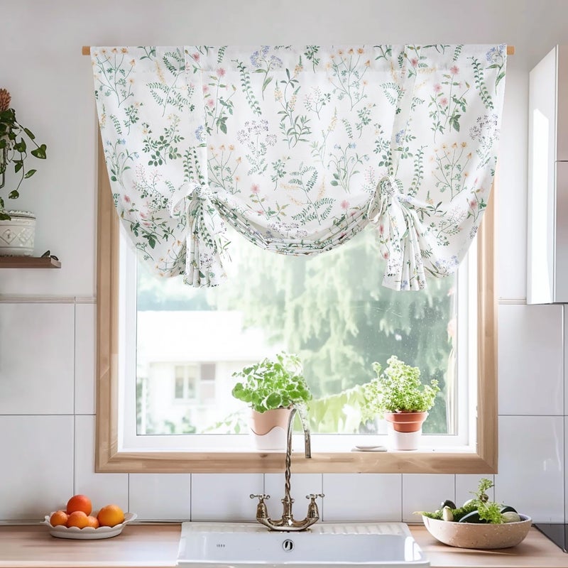 jinchan Floral Tie Up Valance Curtain Adjustable Linen Valance for Windows Farmhouse 45 Inch Botanical Colorful Flower Kitchen Window Treatment for Living Room RV Light Filtering 1 Panel Sage Green - Image 3