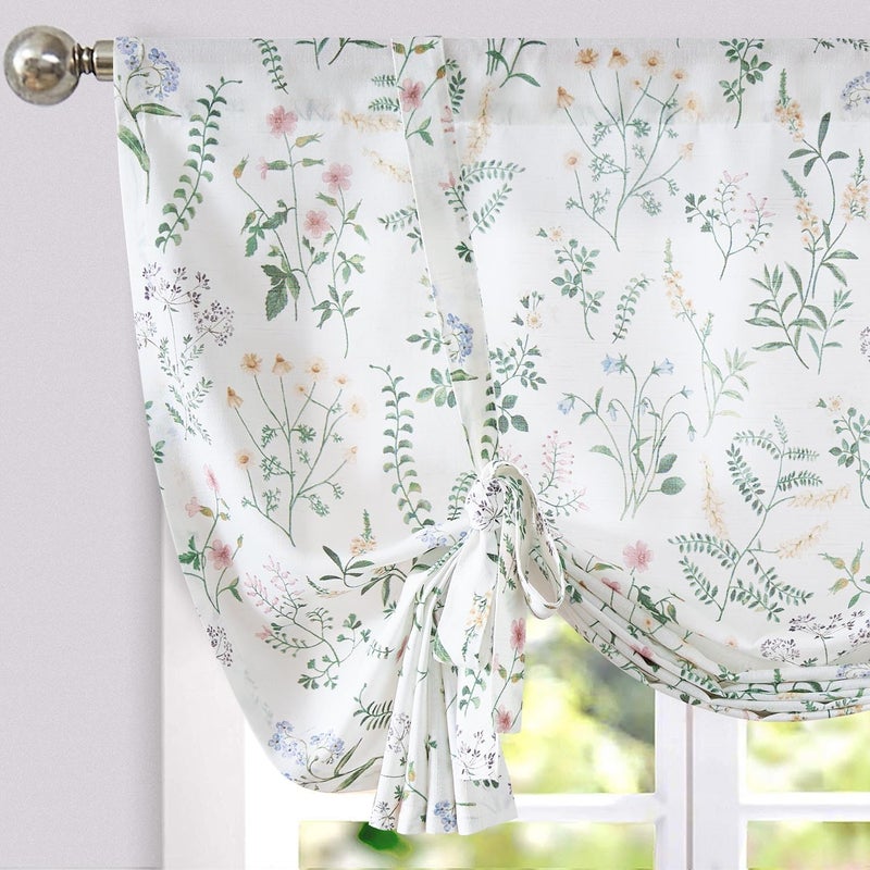 jinchan Floral Tie Up Valance Curtain Adjustable Linen Valance for Windows Farmhouse 45 Inch Botanical Colorful Flower Kitchen Window Treatment for Living Room RV Light Filtering 1 Panel Sage Green - Image 1