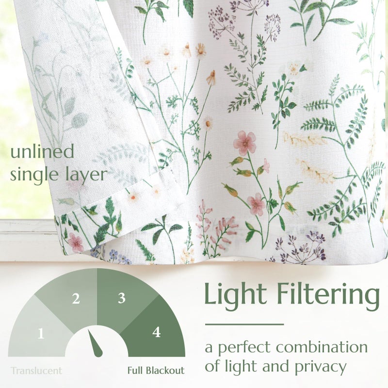 jinchan Floral Tie Up Valance Curtain Adjustable Linen Valance for Windows Farmhouse 45 Inch Botanical Colorful Flower Kitchen Window Treatment for Living Room RV Light Filtering 1 Panel Sage Green - Image 5