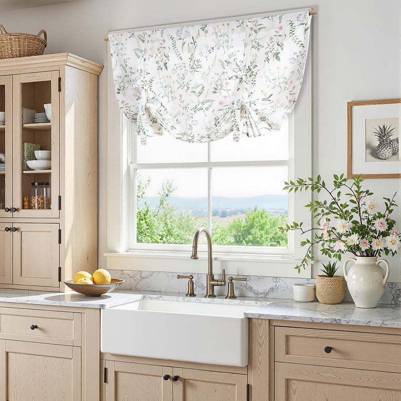 jinchan Floral Tie Up Valance Curtain Adjustable Linen Valance for Windows Farmhouse 45 Inch Botanical Colorful Flower Kitchen Window Treatment for Living Room RV Light Filtering 1 Panel Sage Green - Image 2