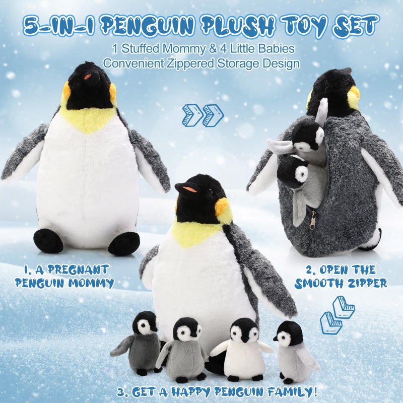 Harrycle 5 Pcs Penguin Plush Toy Set 14 Inch Mommy Penguin Stuffed Animal with 4 Cute Babies in Zippered Belly Soft Cuddly Plushie for Kids Birthday Gifts Party Favors(Simple Style) - Image 3