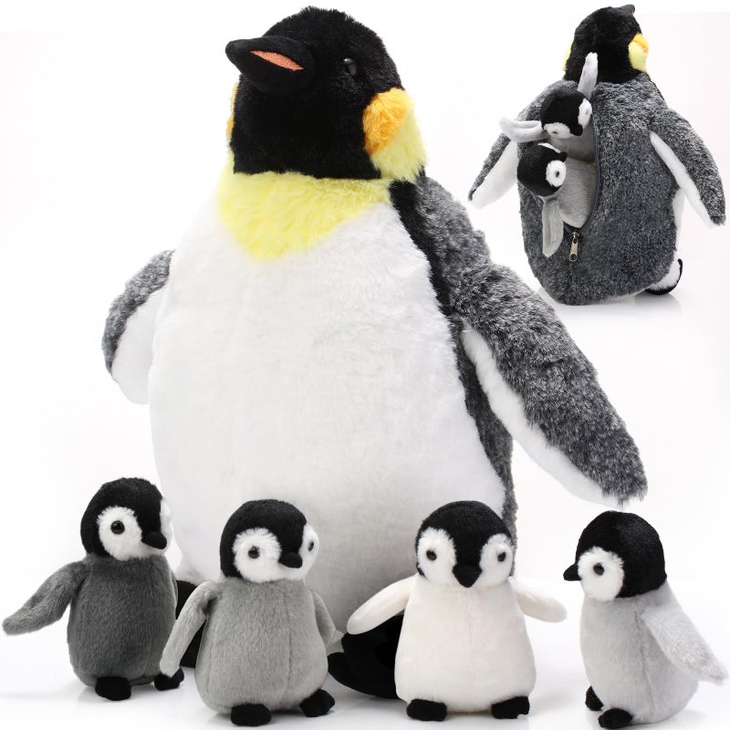 Harrycle 5 Pcs Penguin Plush Toy Set 14 Inch Mommy Penguin Stuffed Animal with 4 Cute Babies in Zippered Belly Soft Cuddly Plushie for Kids Birthday Gifts Party Favors(Simple Style) - Image 1