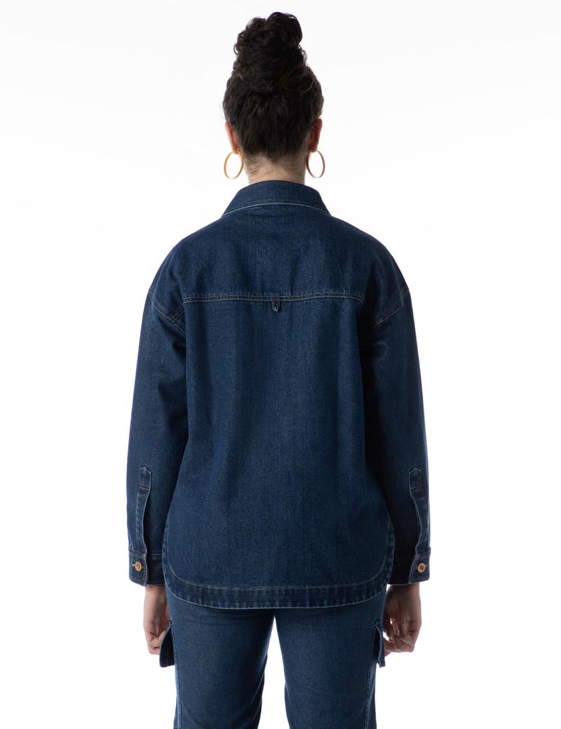 INKD Women's Shacket - Button Down Shacket (Jacket) with Double Patch Pockets| Enzyme Wash (INKSS24WSHKT-411-Retro Blue-S) - Image 2