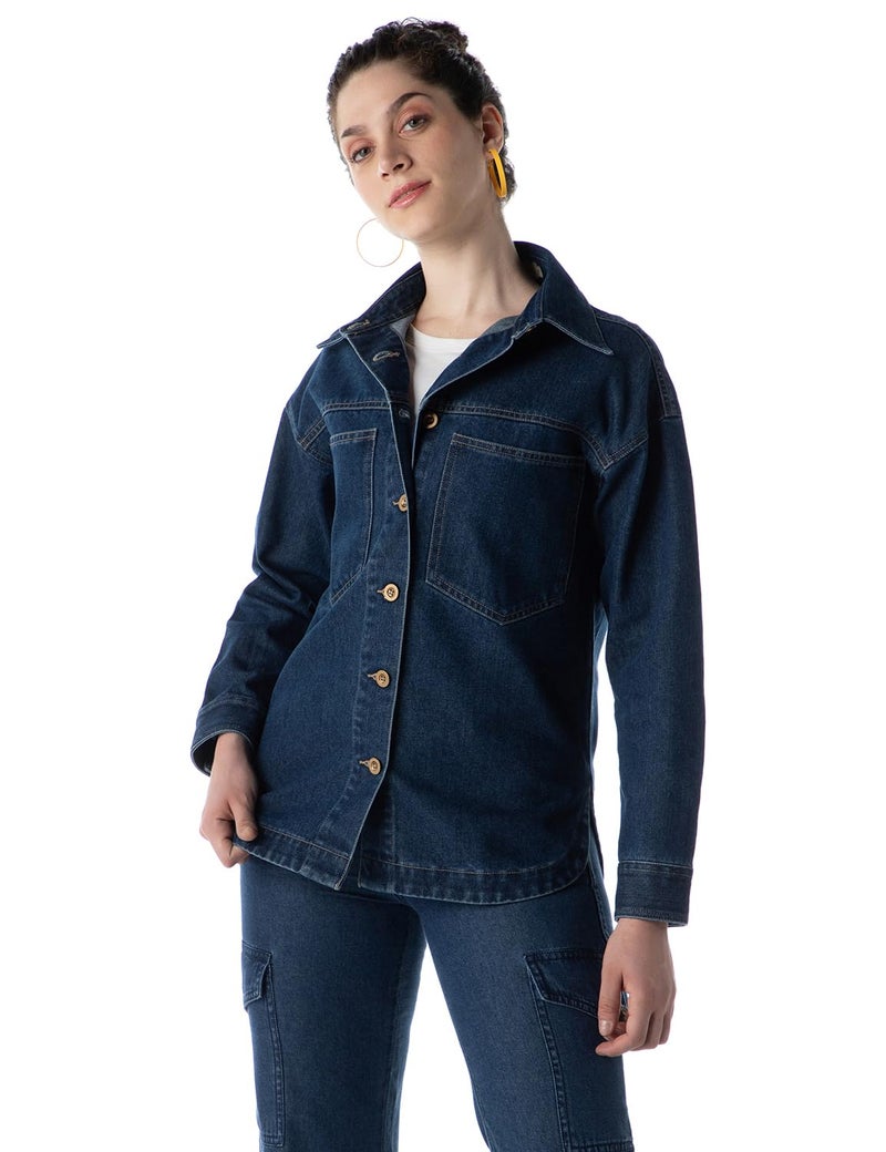 INKD Women's Shacket - Button Down Shacket (Jacket) with Double Patch Pockets| Enzyme Wash (INKSS24WSHKT-411-Retro Blue-S) - Image 1
