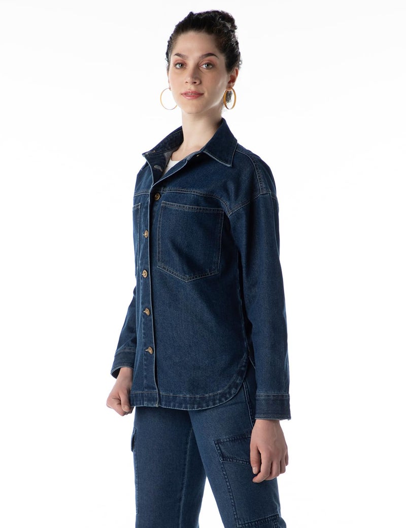 INKD Women's Shacket - Button Down Shacket (Jacket) with Double Patch Pockets| Enzyme Wash (INKSS24WSHKT-411-Retro Blue-S) - Image 3