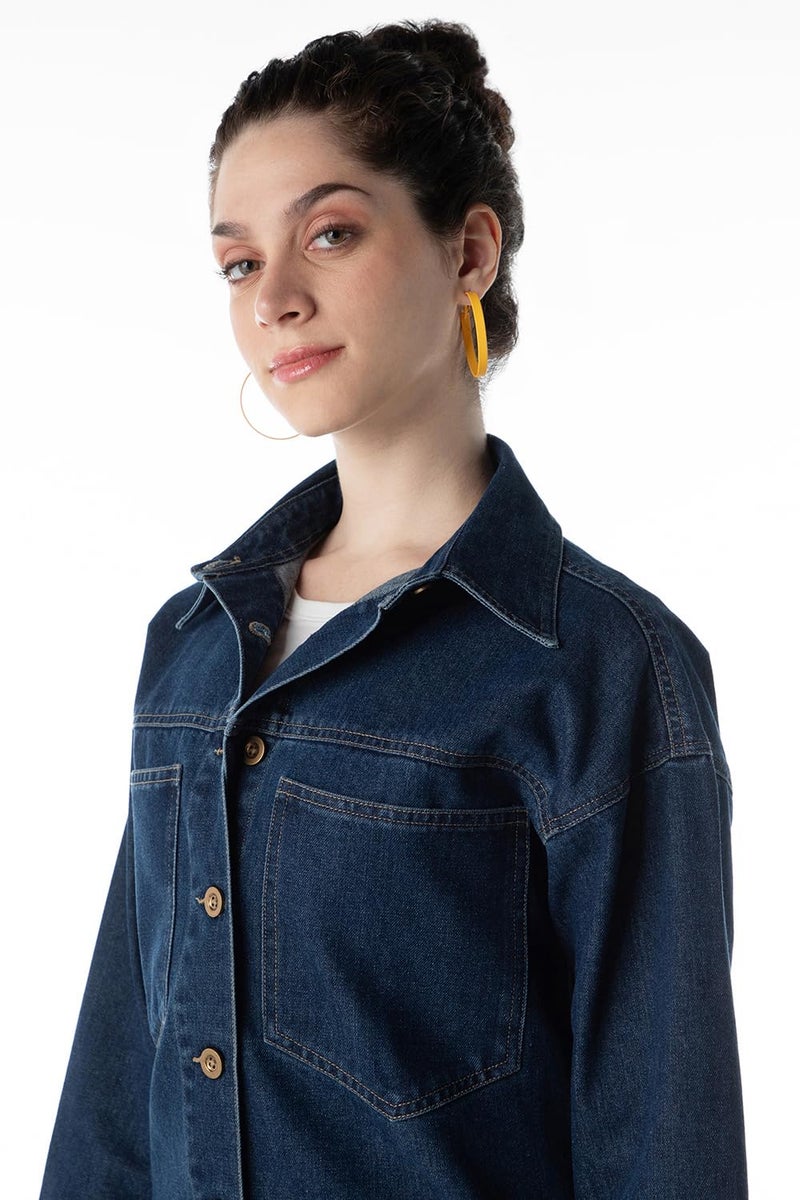 INKD Women's Shacket - Button Down Shacket (Jacket) with Double Patch Pockets| Enzyme Wash (INKSS24WSHKT-411-Retro Blue-S) - Image 4