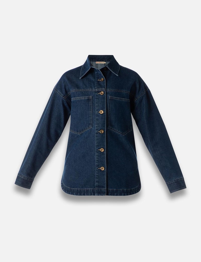 INKD Women's Shacket - Button Down Shacket (Jacket) with Double Patch Pockets| Enzyme Wash (INKSS24WSHKT-411-Retro Blue-S) - Image 5