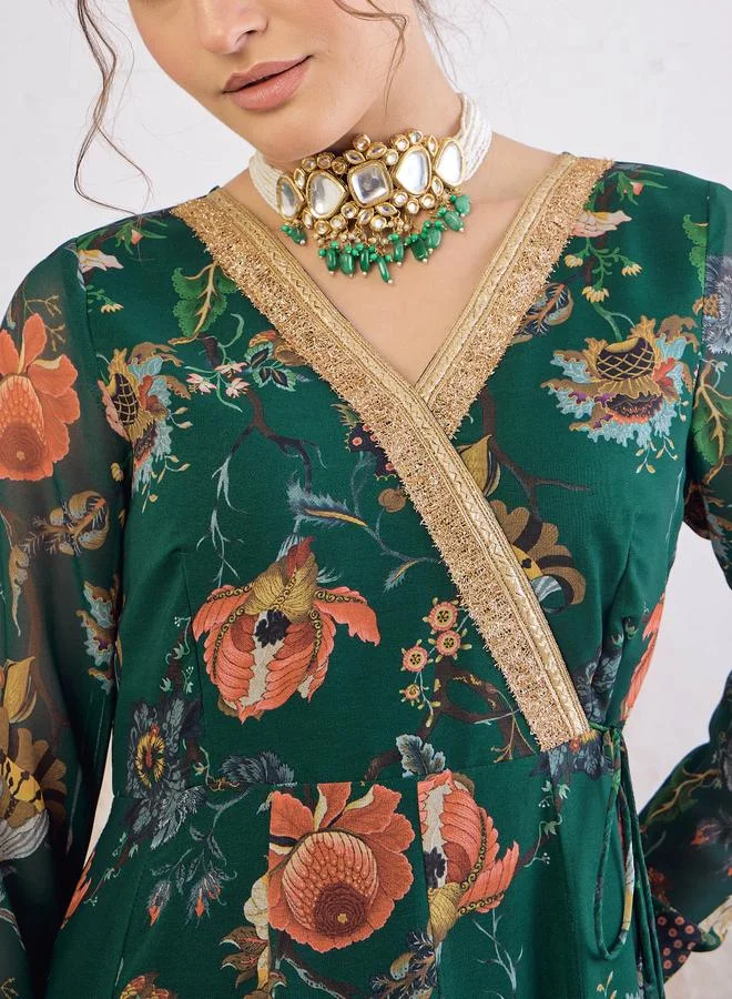 SASSAFRAS SASSAFRAS Green Floral Print Wrap Anarkali Kurta
