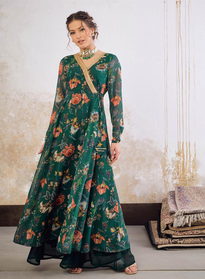 ساسافراس أخضر مطبوع بالزهور أناركالي كورتا بلف - Image 1