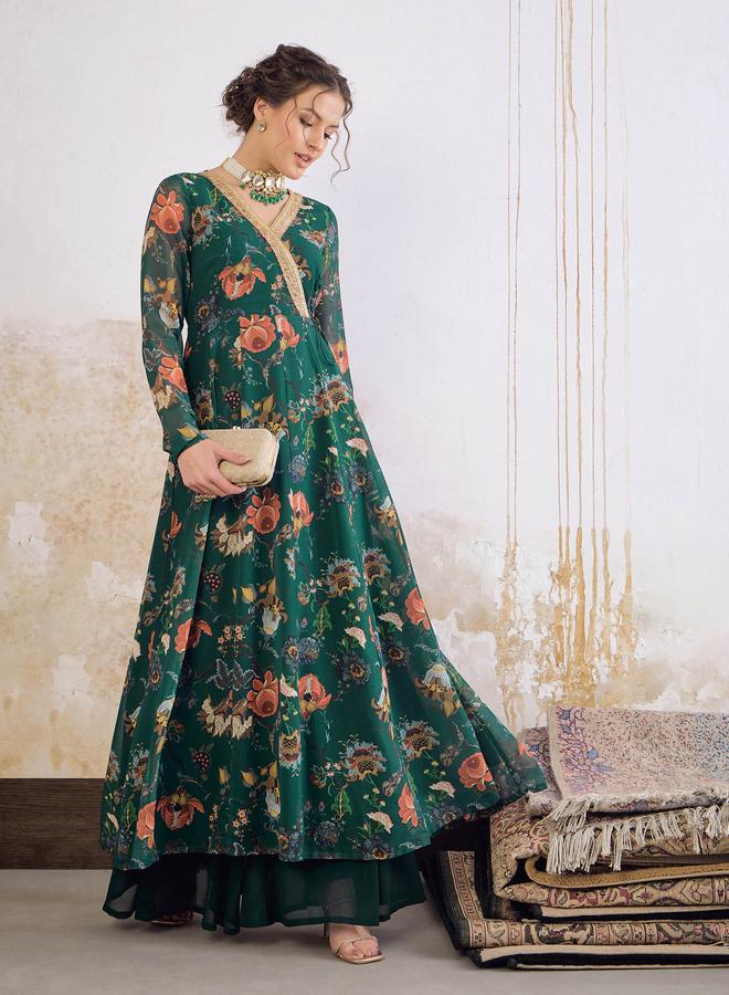 ساسافراس أخضر مطبوع بالزهور أناركالي كورتا بلف - Image 2