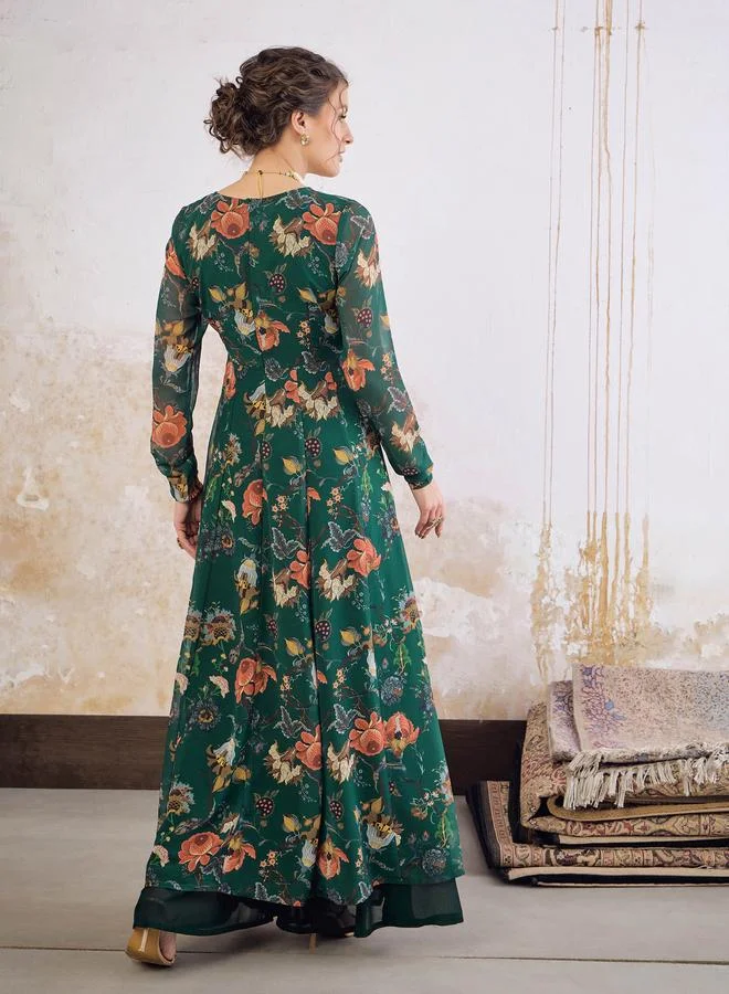 SASSAFRAS SASSAFRAS Green Floral Print Wrap Anarkali Kurta