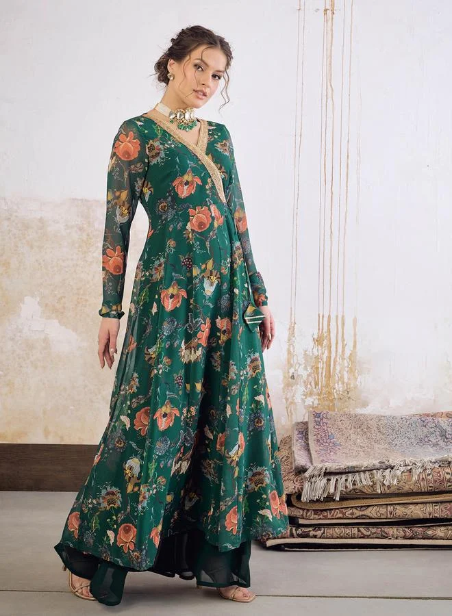 SASSAFRAS SASSAFRAS Green Floral Print Wrap Anarkali Kurta