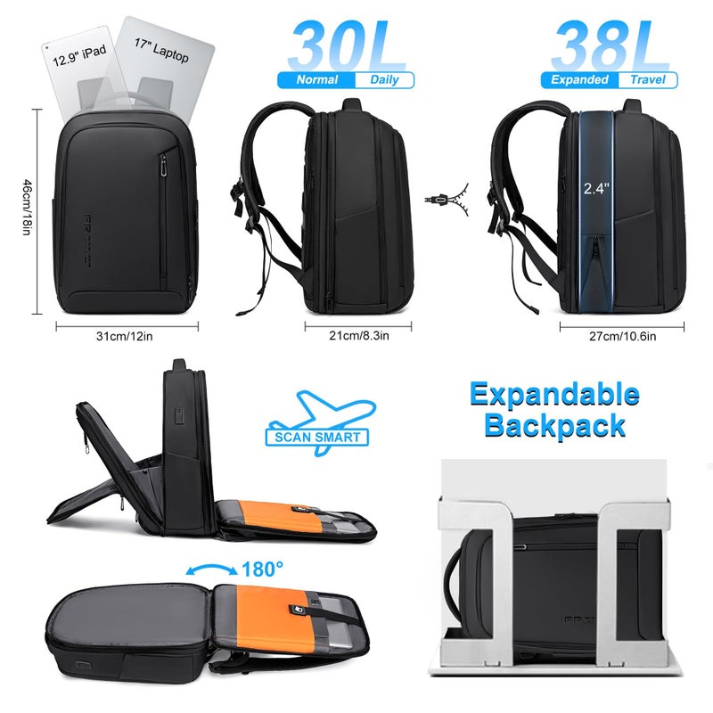 Fenree.geer Business Travel Backpack for Men, Expandable Water Resistant 17 Inch Laptop Backpack with USB Port, Black Computer Backpack for College/Work - Image 3