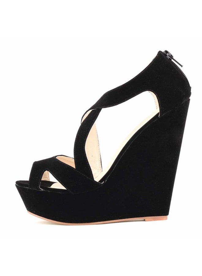 Loquat Flannel wedge high-heel hollow women's sandals 14cm Black  - Image 2