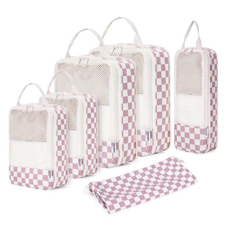 Narwey 6 Set Checkered Compression Packing Cubes for Travel Women Kids Carry on, Cute Packing Organizers Bag for Luggage Suitcase Backpack Duffle Bags (Dusty Rose Checkerboard) - Image 1