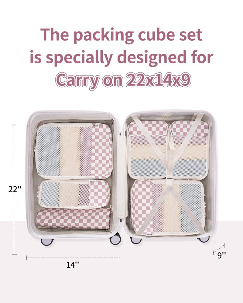 Narwey 6 Set Checkered Compression Packing Cubes for Travel Women Kids Carry on, Cute Packing Organizers Bag for Luggage Suitcase Backpack Duffle Bags (Dusty Rose Checkerboard) - Image 2