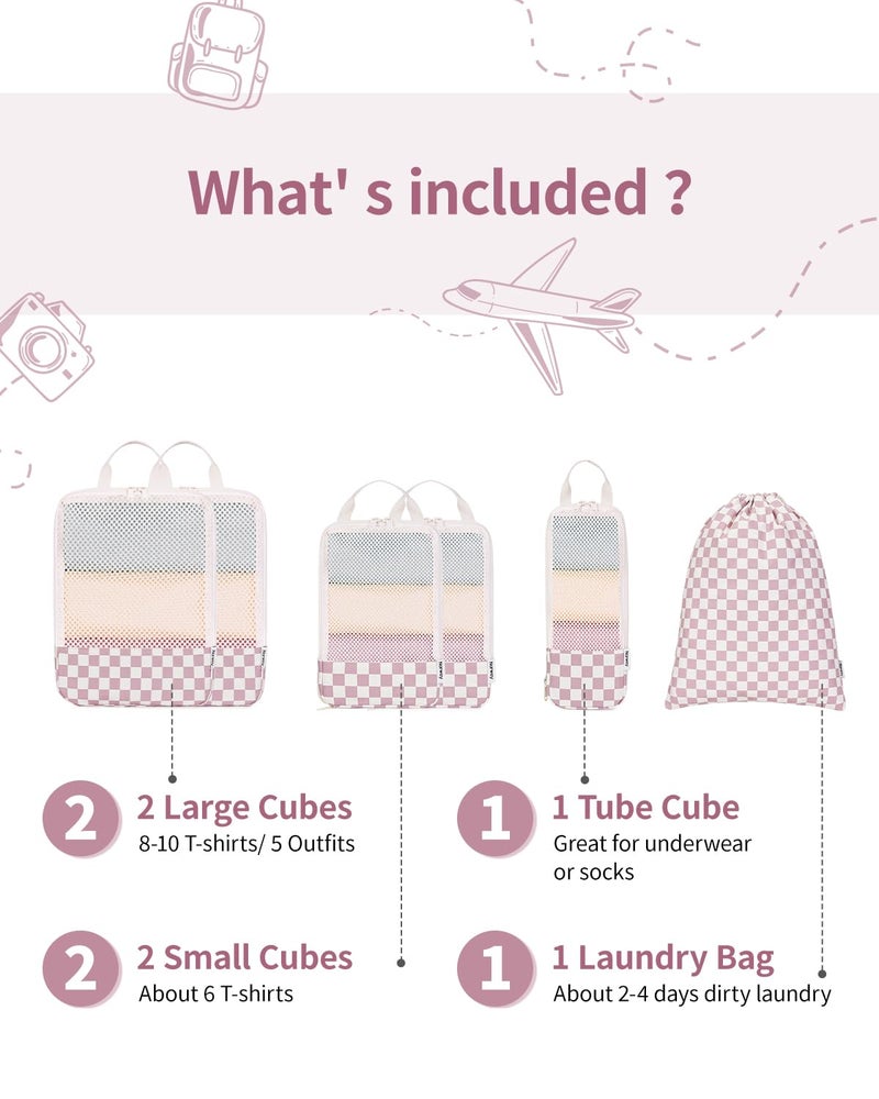 Narwey 6 Set Checkered Compression Packing Cubes for Travel Women Kids Carry on, Cute Packing Organizers Bag for Luggage Suitcase Backpack Duffle Bags (Dusty Rose Checkerboard) - Image 3