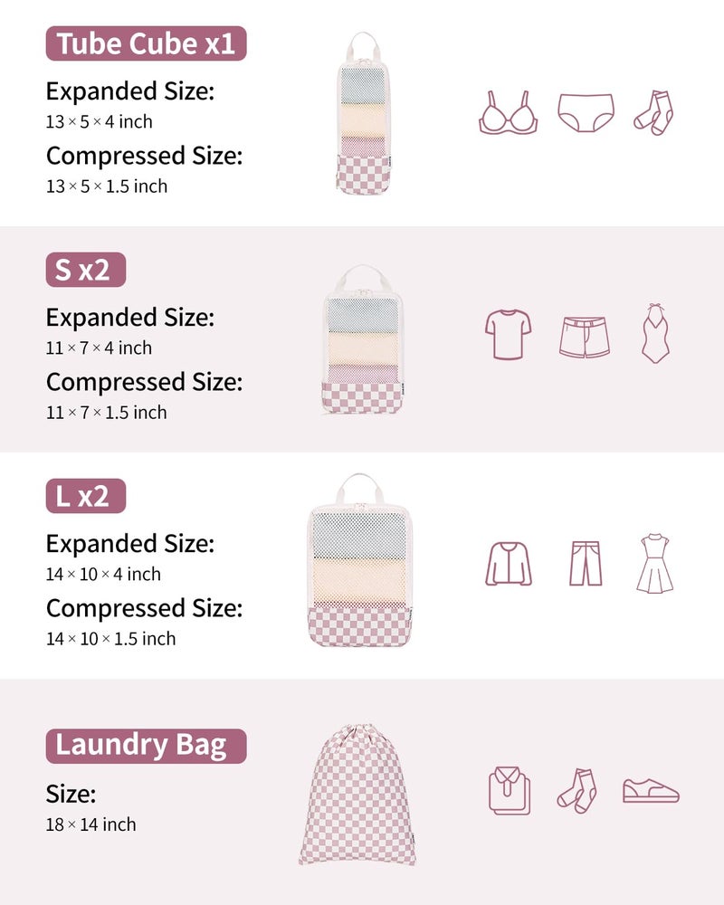 Narwey 6 Set Checkered Compression Packing Cubes for Travel Women Kids Carry on, Cute Packing Organizers Bag for Luggage Suitcase Backpack Duffle Bags (Dusty Rose Checkerboard) - Image 4