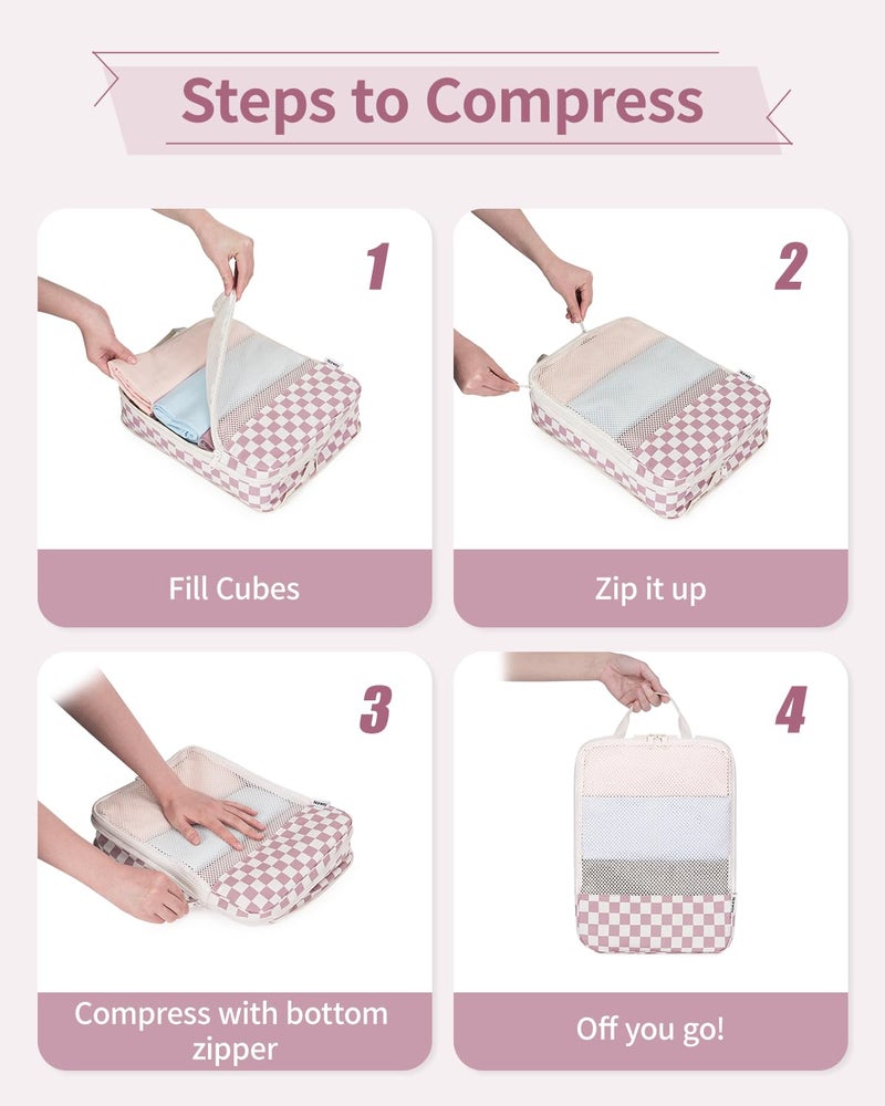 Narwey 6 Set Checkered Compression Packing Cubes for Travel Women Kids Carry on, Cute Packing Organizers Bag for Luggage Suitcase Backpack Duffle Bags (Dusty Rose Checkerboard) - Image 5