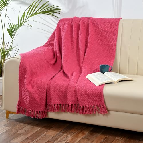 SASHAA World Vibrant Pink Cotton Throw | Ideal for Your Home, Living Room, Sofa, Bed, Chair, Picnic & Used for Gift | 130X180 cm| TC - 125 - Image 1