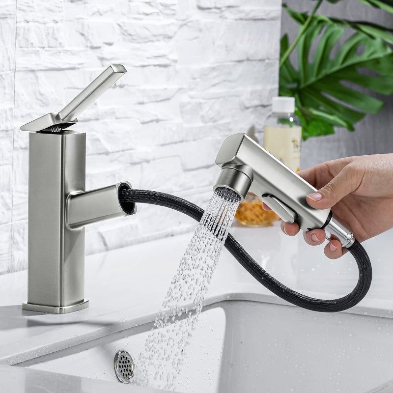 HANLIAN Single Hole Bathroom Pull Out Faucet with Rotating Spout One Handle Faucet for Bathroom Sink Modern Bathroom Faucet with Pull Down Sprayer 3 Modes Vanity Faucets Brushed Nickel Regular