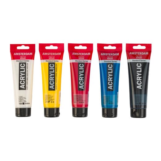 Amsterdam Standard Series Acrylic Paint Set | Color Theory Mixing Set (5 x 120 ml Tubes) | Primary Colors + Black & White - Image 2