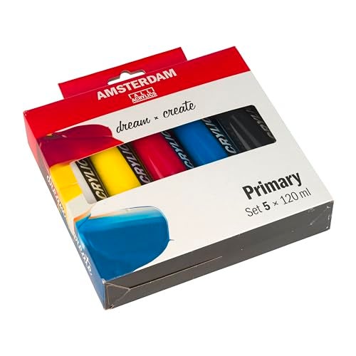 Amsterdam Standard Series Acrylic Paint Set | Color Theory Mixing Set (5 x 120 ml Tubes) | Primary Colors + Black & White - Image 3