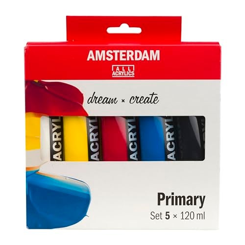 Amsterdam Standard Series Acrylic Paint Set | Color Theory Mixing Set (5 x 120 ml Tubes) | Primary Colors + Black & White - Image 1
