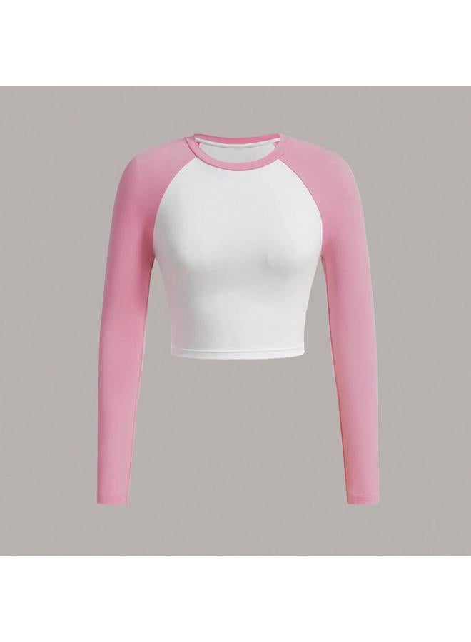 European And American Women's Clothing 24 Autumn And Winter American Hot Girl Long-sleeved T-shirt Tight Bottoming Shirt Stitching Contrast Color Short Top