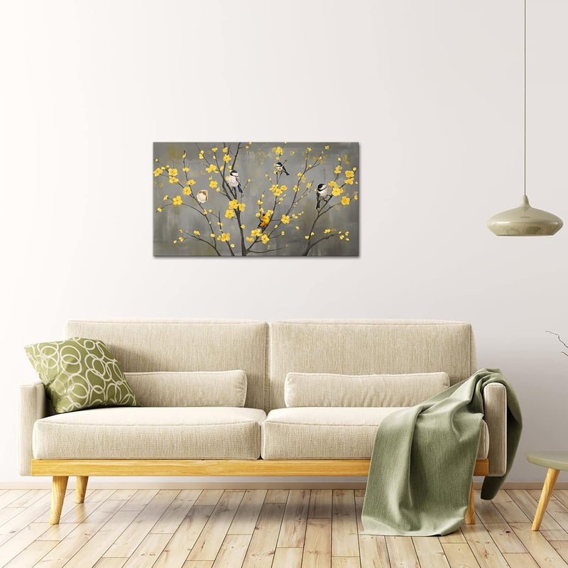 iHAPPYWALL Large Floral Bird Canvas Wall Art Abstract Birds on Flower Tree Branch Yellow and Gray Artwork Wall Decoration for Modern Home Bedroom Decor Stretched and Framed Ready to Hang 20x36inch - Image 3