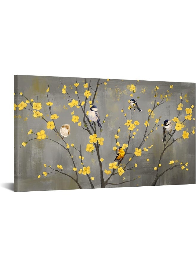 iHAPPYWALL Large Floral Bird Canvas Wall Art Abstract Birds on Flower Tree Branch Yellow and Gray Artwork Wall Decoration for Modern Home Bedroom Decor Stretched and Framed Ready to Hang 20x36inch - Image 1