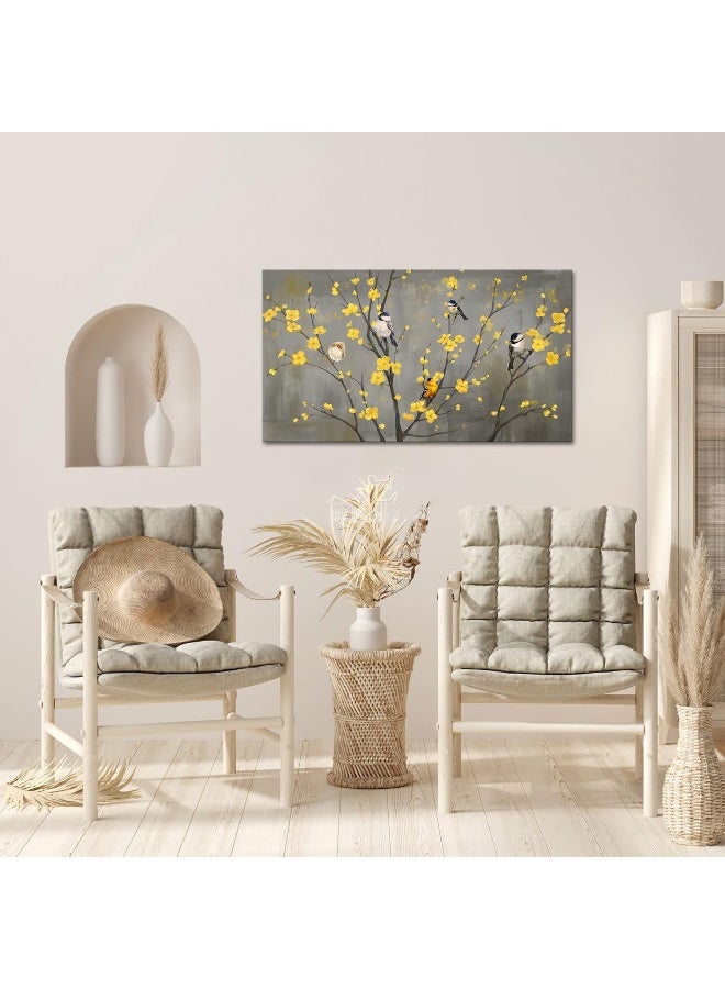 iHAPPYWALL Large Floral Bird Canvas Wall Art Abstract Birds on Flower Tree Branch Yellow and Gray Artwork Wall Decoration for Modern Home Bedroom Decor Stretched and Framed Ready to Hang 20x36inch - Image 2