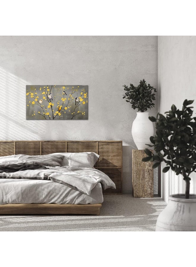 iHAPPYWALL Large Floral Bird Canvas Wall Art Abstract Birds on Flower Tree Branch Yellow and Gray Artwork Wall Decoration for Modern Home Bedroom Decor Stretched and Framed Ready to Hang 20x36inch - Image 4