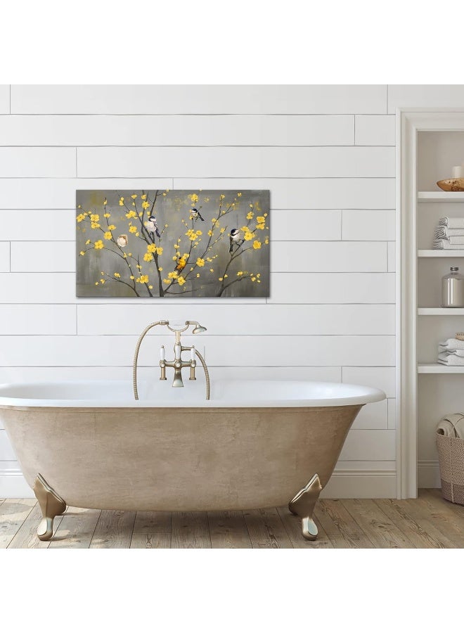 iHAPPYWALL Large Floral Bird Canvas Wall Art Abstract Birds on Flower Tree Branch Yellow and Gray Artwork Wall Decoration for Modern Home Bedroom Decor Stretched and Framed Ready to Hang 20x36inch - Image 5