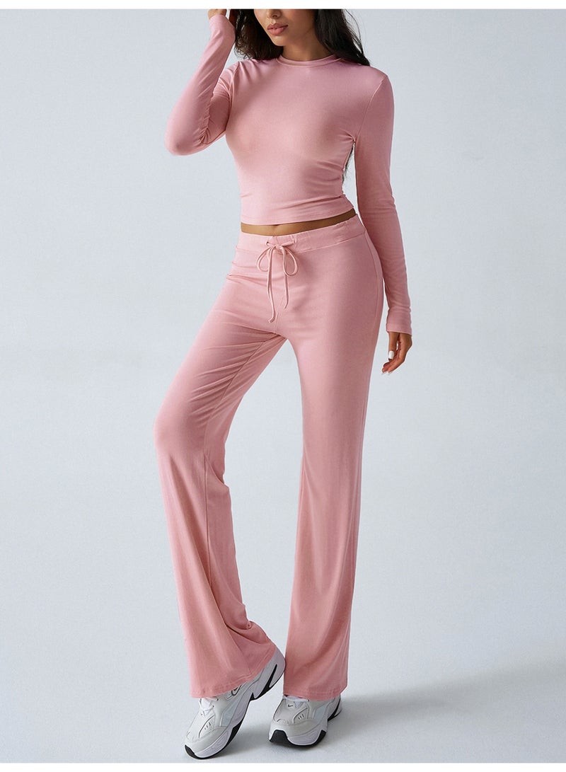 Meilun Pink Long - Sleeve Crop Top and Flare Pants Set - Image 3