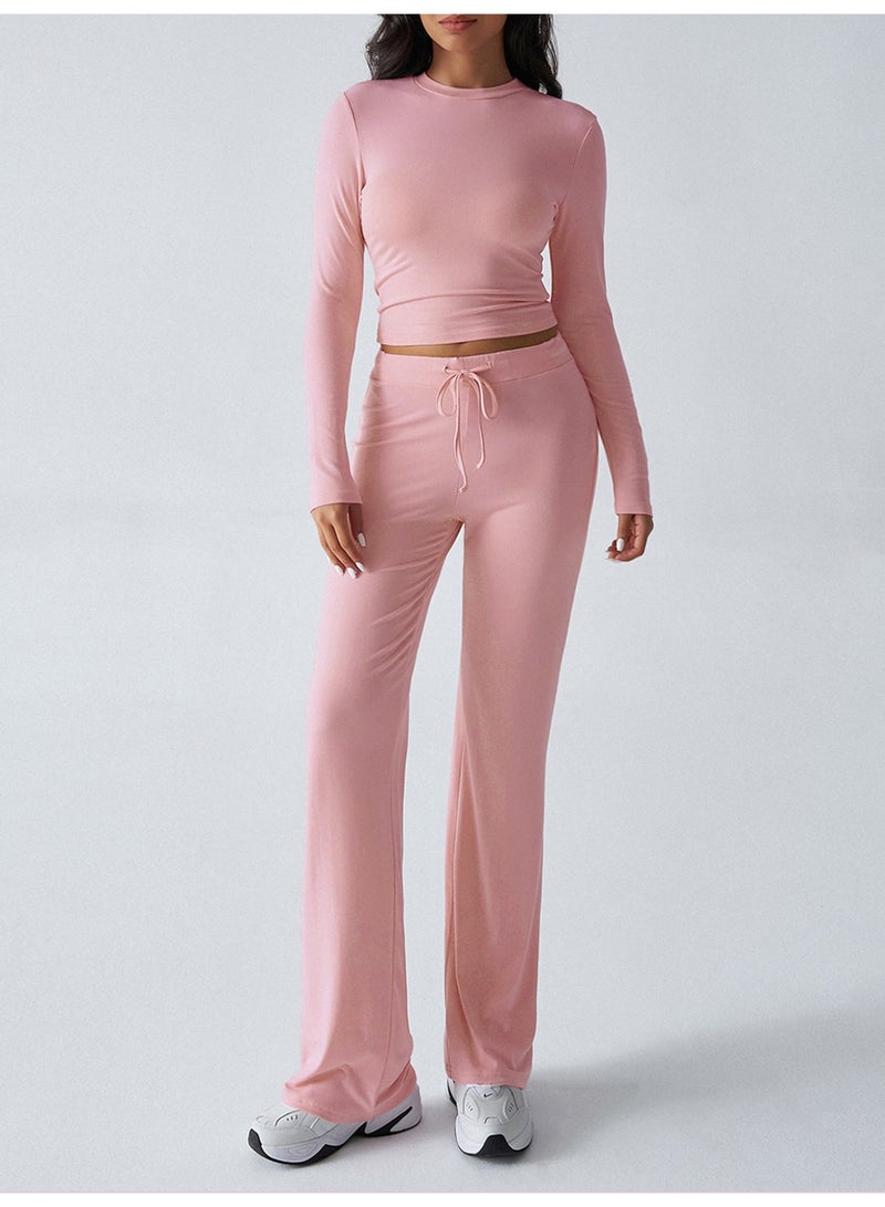 Meilun Pink Long - Sleeve Crop Top and Flare Pants Set - Image 1
