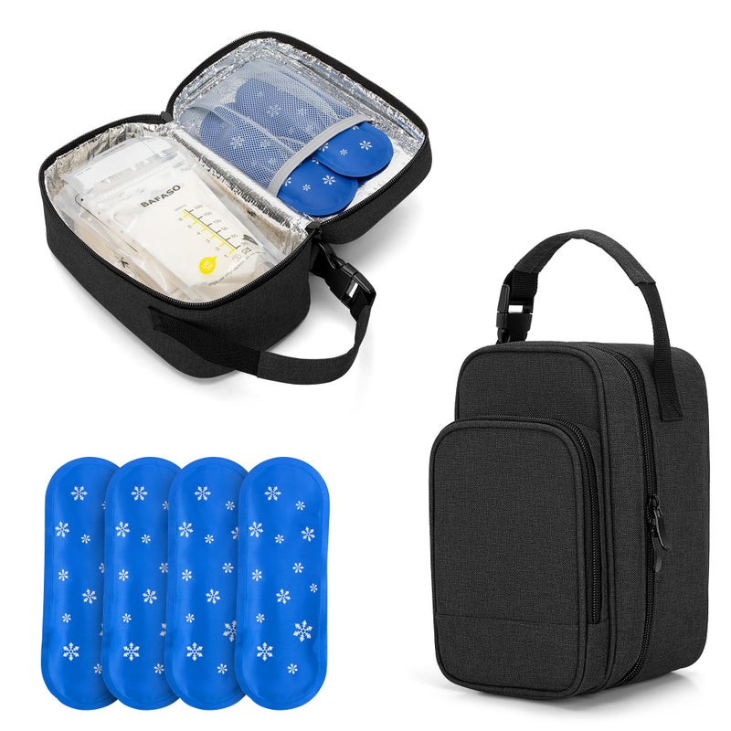 BAFASO Insulated Breastmilk Cooler Bag with 4 Gel Ice Packs Breastmilk Cooler Fits 6 Bags of Breastmilk Black