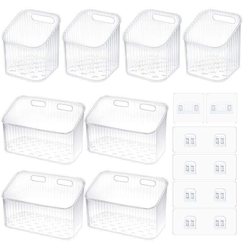 Zyghjort 8 Pcs Clear Wall Basket, Wall Mounted Storage Bins Cabinet Door Organizer Plastic Shower Caddy with Self-Adhesive Hanger, Large Containers Box for Bathroom, Kitchen, Pantry, Countertop, No Drill Shelf - Image 1