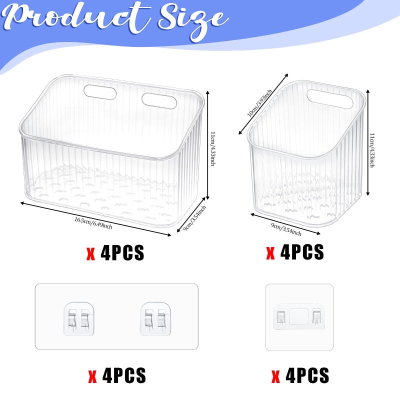 Zyghjort 8 Pcs Clear Wall Basket, Wall Mounted Storage Bins Cabinet Door Organizer Plastic Shower Caddy with Self-Adhesive Hanger, Large Containers Box for Bathroom, Kitchen, Pantry, Countertop, No Drill Shelf - Image 4