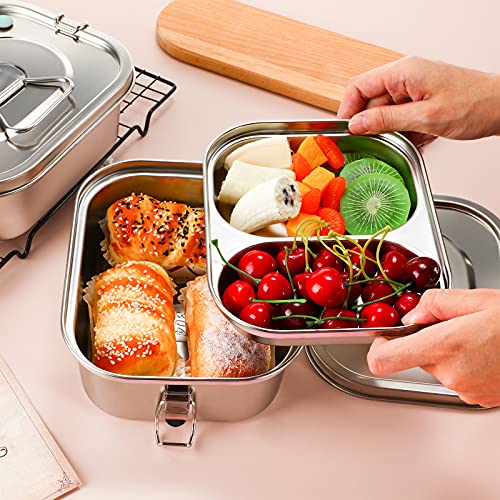 Romooa 2 Pieces Metal Bento Box for Adults Metal Lunch Box Stainless Steel Bento Containers Leakproof Dual Tiers Lunch Container With Airtight Valve Handle Dishwasher Safe(Medium) - Image 4