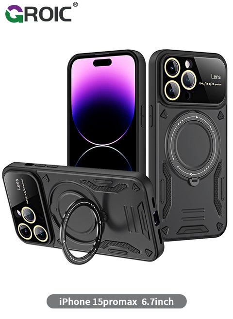 جراب مغناطيسي لهاتف iPhone 15 Pro Max مقاس 6.7 بوصة مع حامل حلقي مغناطيسي غير مرئي متوافق مع MagSafe، حماية كاملة لعدسة الكاميرا، مضاد لبصمات الأصابع، واقي مقاوم للصدمات