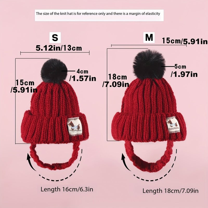 Red Knit Dog Hat With Pom Pom and Ear Holes for Small Medium Pets - Image 2