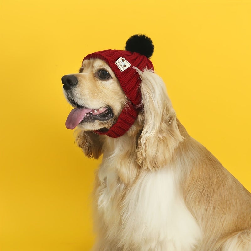 Red Knit Dog Hat With Pom Pom and Ear Holes for Small Medium Pets - Image 5