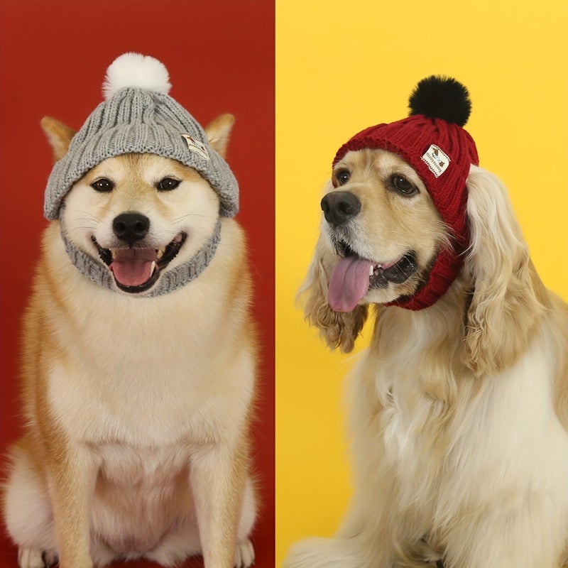 Red Knit Dog Hat With Pom Pom and Ear Holes for Small Medium Pets - Image 3