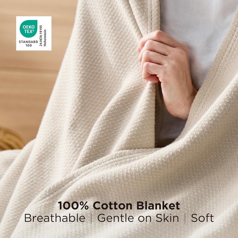 Bedsure GentleSoft 100% Cotton Blanket Twin XL Size for Bed - Cooling Breathable and Lightweight, Soft Cozy Textured Herringbone Woven Summer Blanket for College Dorm, Linen Beige, 66x90 inches - Image 3